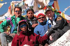 
Here is my crew and I on the Larkya La (5213m) on the Around Manaslu trek. From left to right: cook Schandra, porter Ram, porter Satis, and guide Gyan Prasad Tamang (gptamang@hotmail.com).
